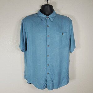 CAMPIA Mens Large Blue Floral Button Up Easy Care Stretch Rayon Short Sleeve